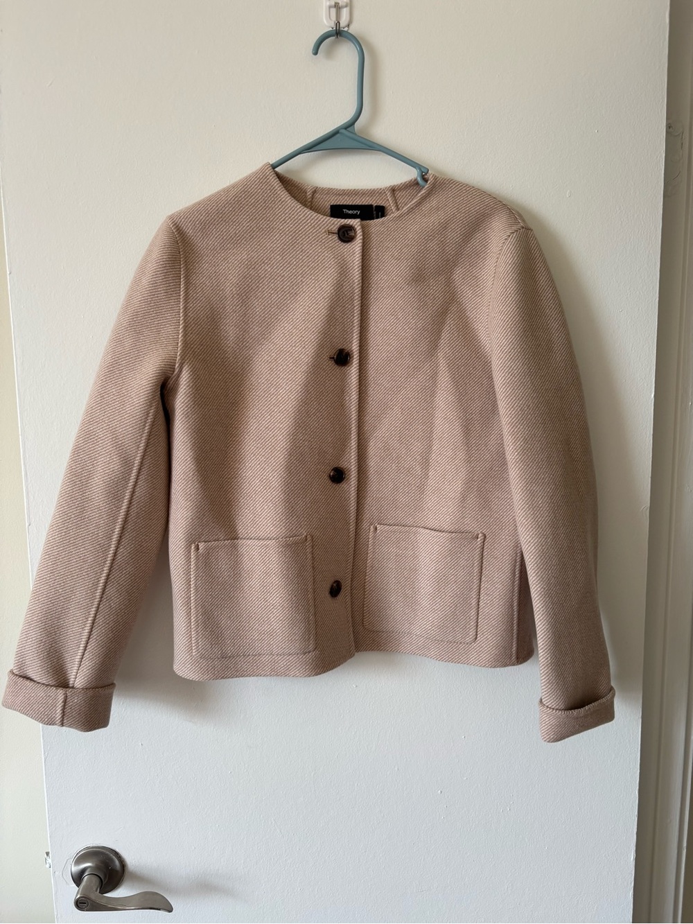 Theory Neutral Blush Collarless Wool Jacket - Picture 2 of 8